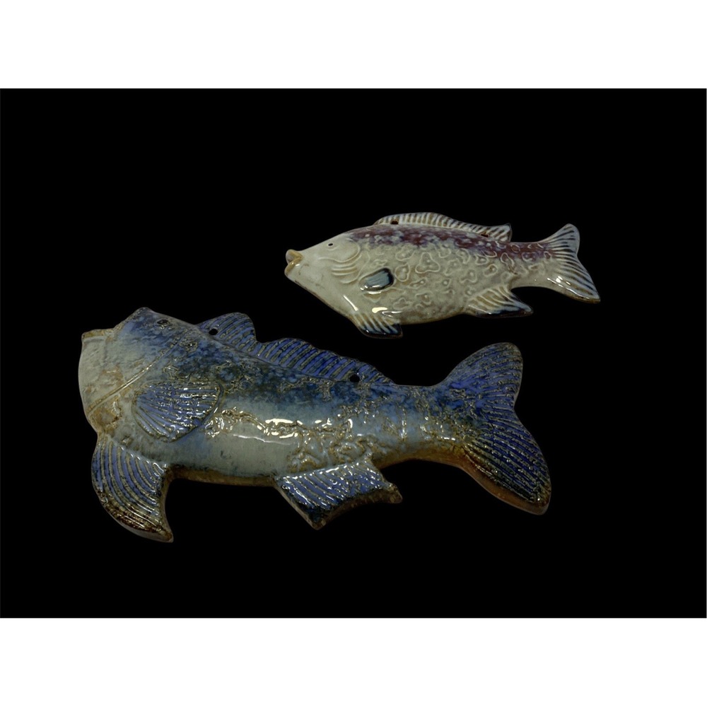 (2) Pottery Ceramic Glazed Fish Wall Hanging Art 14" & 10"